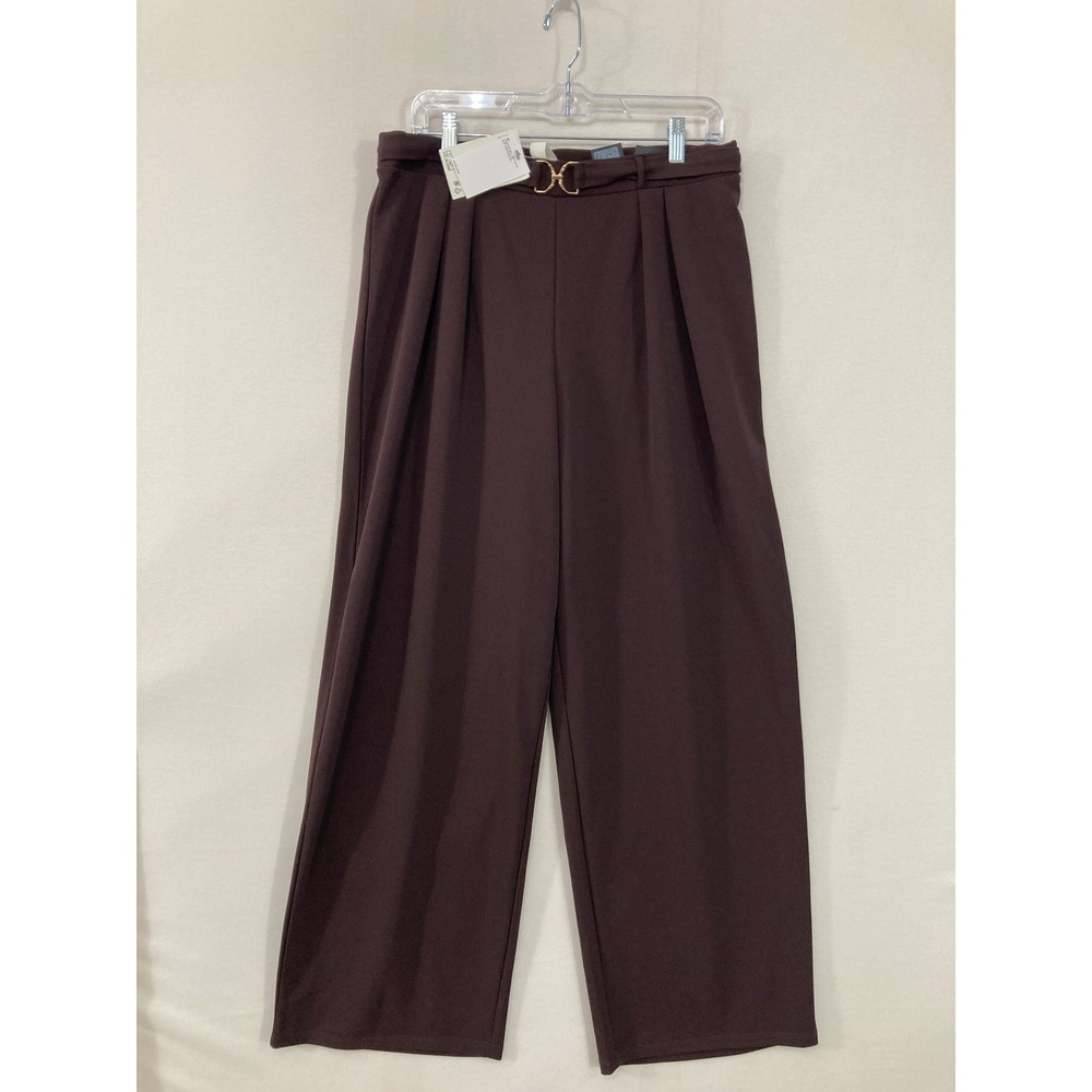 New H&M Wide Leg Dress Pants Large Brown Belted Pleated High Rise Trousers